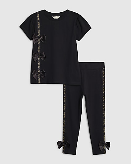 Mini Girls Black Branded Bow T-Shirt Set