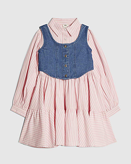 Girls Pink Stripe Hybrid Shirt Dress