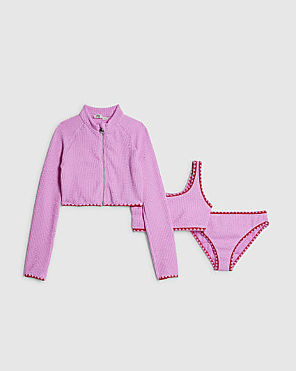 Girls Pink Textured Jacket And Bikini Set