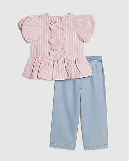 Mini Girls Pink Stripe Top And Jeans Set