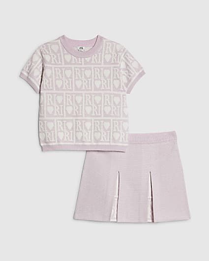 Girls Pink RI Pleated Skirt Set