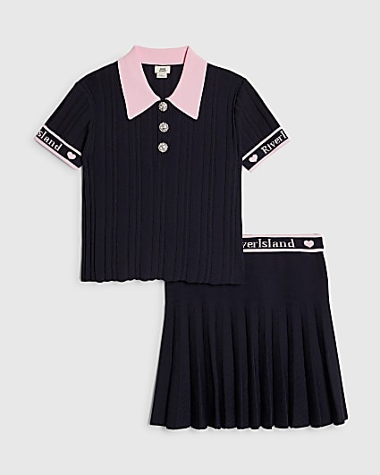 Girls Navy Polo Shirt And Skirt Set