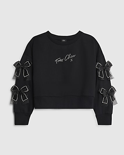 Girls Black Diamante Bow Sweatshirt