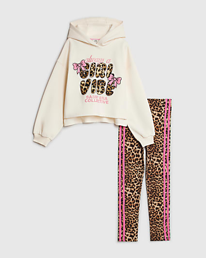 Girls Cream Leopard Girl Vibe Hoodie Set