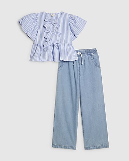 Girls Blue Striped Top And Jeans Set