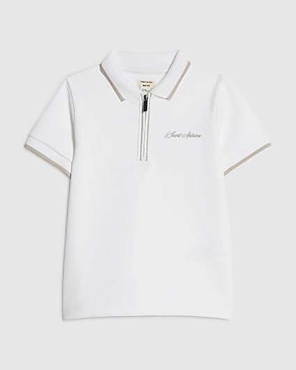 Mini Boys White Textured Polo Shirt
