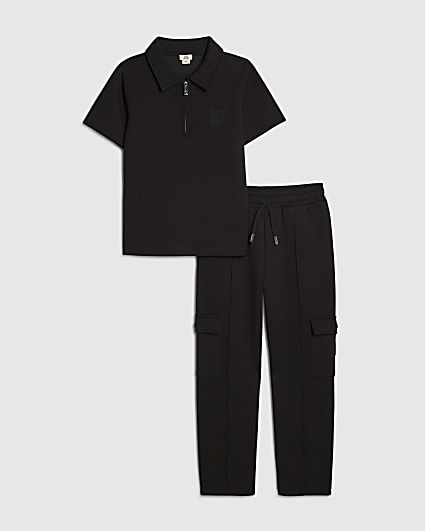 Boys Black Slim Fit Polo Jogger Set