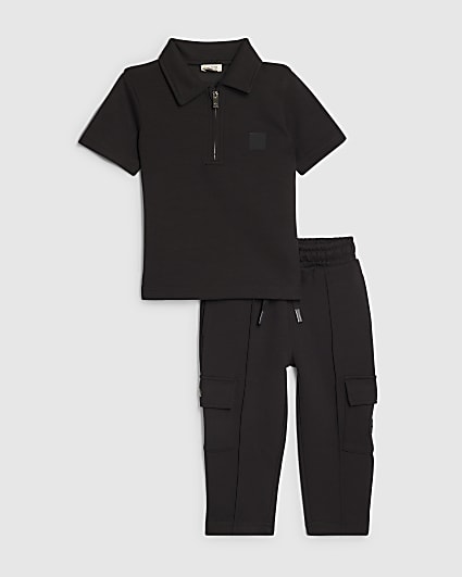 Mini Boys Black Luminis Badge Polo Shirt Set