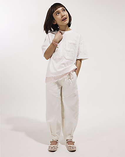 Girls Cream Twill Keyring Cargo Trousers