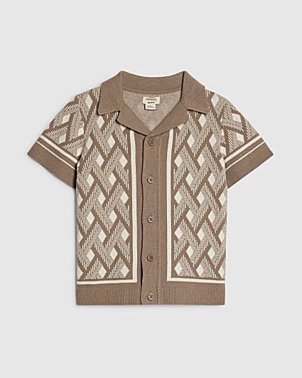 Mini Boys Beige Geometric Knitted Shirt