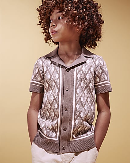 Boys Beige Geometric Knit Shirt