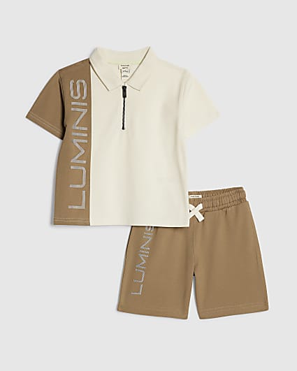 Mini Boys Brown Oversized Polo Shirt Set