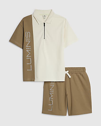 Boys Brown Oversized Polo Shirt Set