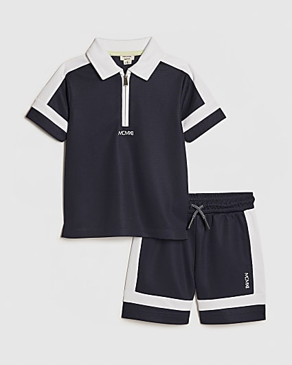 Mini Boys Navy Slim Blocked Polo Set