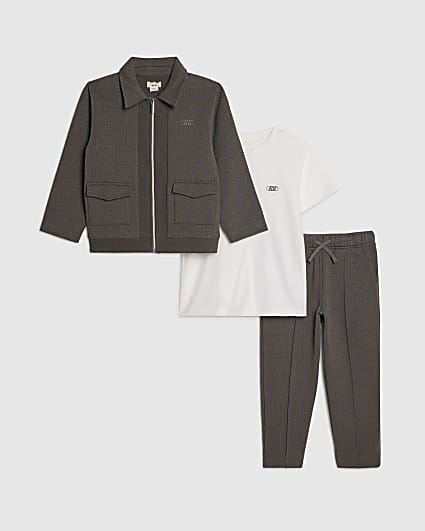 Mini Boys Grey Textured Jacket 3 Piece Set