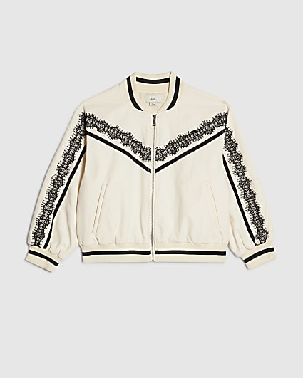 Girls Cream Lace Trim Bomber Jacket