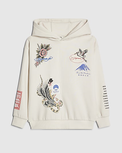 Boys Cream Japanese Bird Print Hoodie