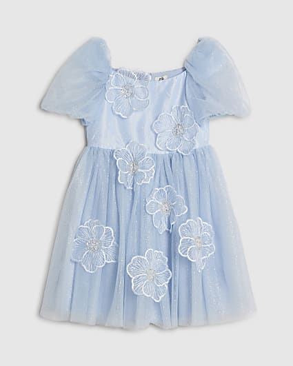 Girls Blue Puff Sleeve Floral Tulle Dress