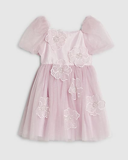 Girls Pink Puff Sleeve Floral Tulle Dress