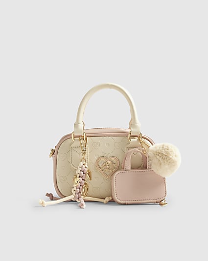 Girls Cream Monogram Charm Mini Bowler Bag