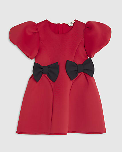 Mini Girls Red Bow Side Scuba Dress
