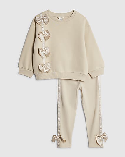 Mini Girls Beige Branded Bow T-Shirt Set