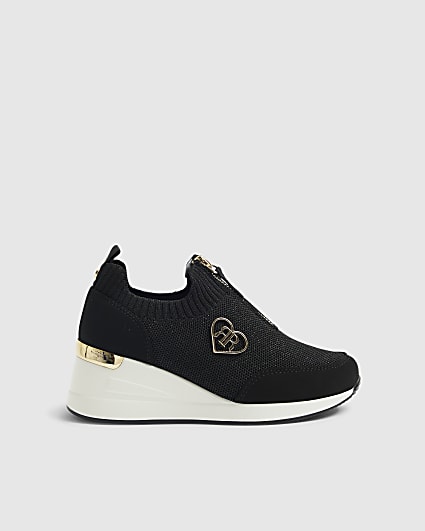 Girls Black Knit Wedge Trainers