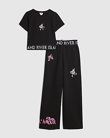 Girls Black Graffiti Wide Leg Trousers Set
