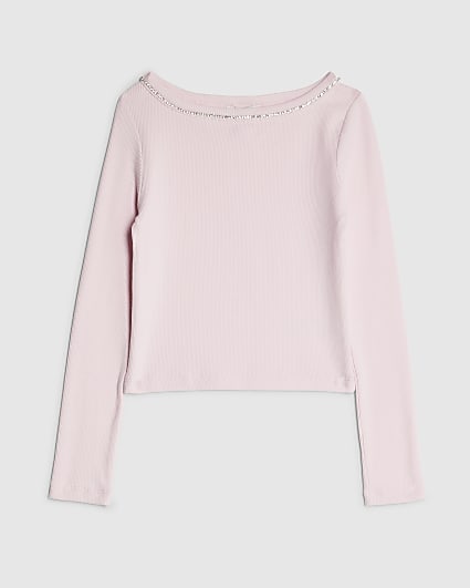 Girls Pink Long Sleeved Diamante Top