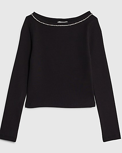 Girls Black Long Sleeved Diamante Top