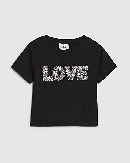 Girls Black Ribbed Love Embellished T-Shirt