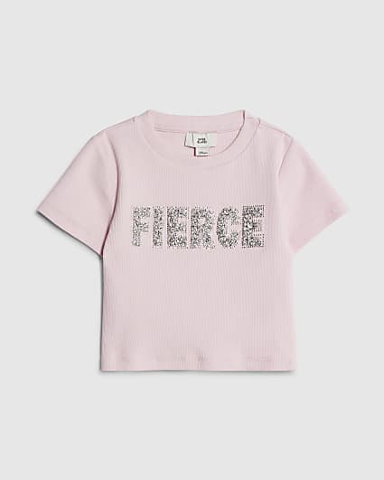 Girls Pink Embellished Fierce T-Shirt