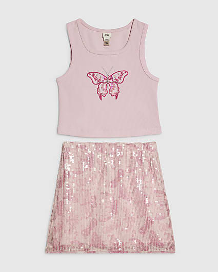 Girls Pink Butterfly Sequin Skirt Set