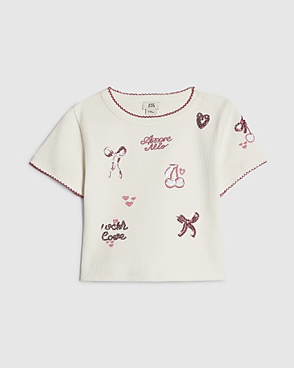 Girls White Ribbed Sequin Embellished T-Shirt