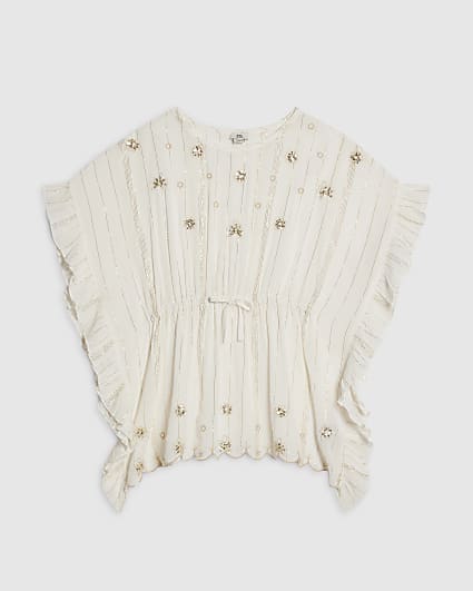 Girls Cream Embellished Kaftan