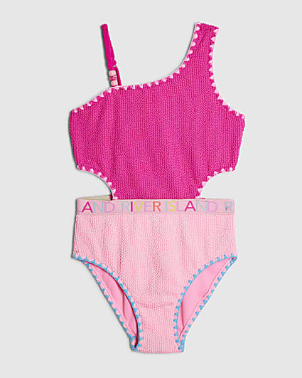 Girls Pink Textured Asymmetric Swimsuit