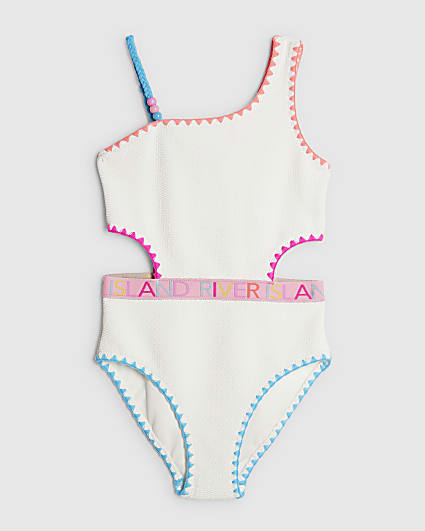 Girls White Textured Asymmetric Swimsuit