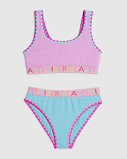 Girls Purple Textured Elastic Bikini Set