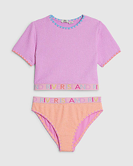 Girls Purple Textured T-Shirt And Bikini Set