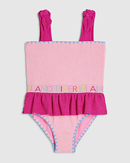 Mini Girls Pink Textured Elastic Swimsuit