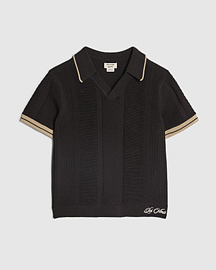Mini Boys Black Textured Polo Shirt