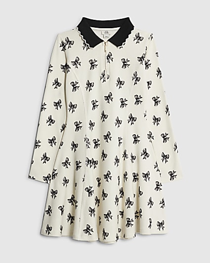Girls Cream Bow Print Rib Polo Dress