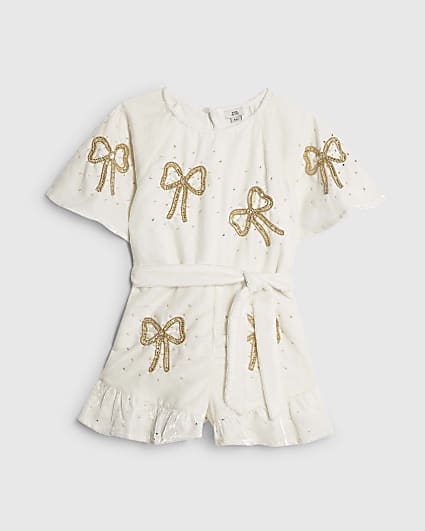Girls Cream Velvet Bow Playsuit