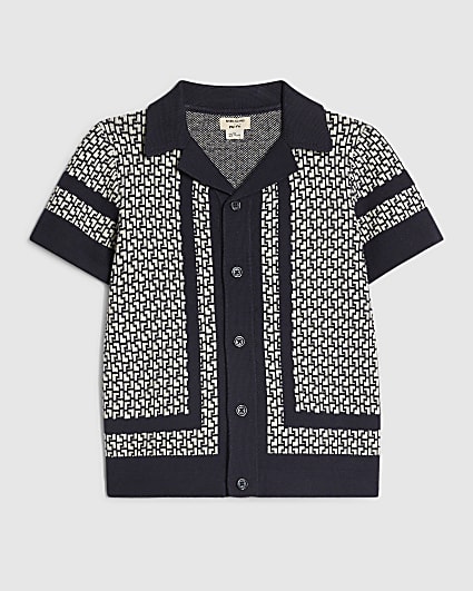 Mini Boys Navy Geometric Print Polo Shirt