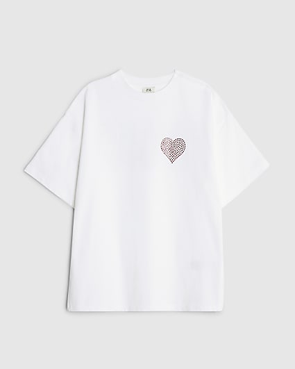 Girls White Heart Studded Wordie T-Shirt