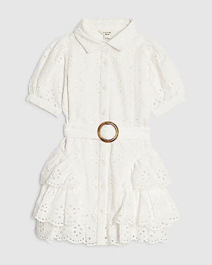 Mini Girls White Broderie Belted Shirt Dress