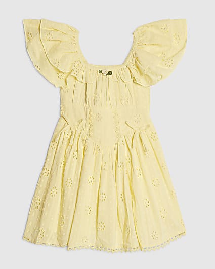 Mini Girls Yellow Broderie Rosette Dress