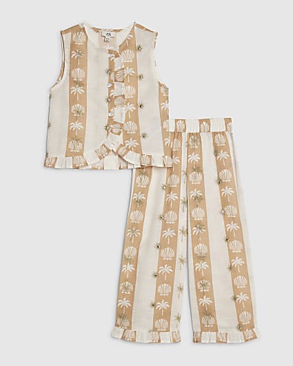 Mini Girls Cream Shell Stripe Trousers Set