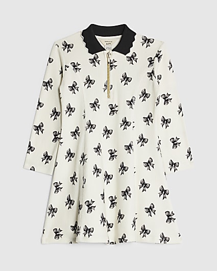 Mini Girls Ecru Bow Rib Polo Dress