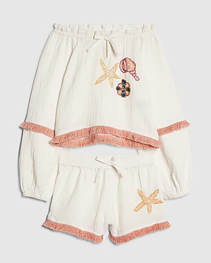 Girls White Shell Shorts Set